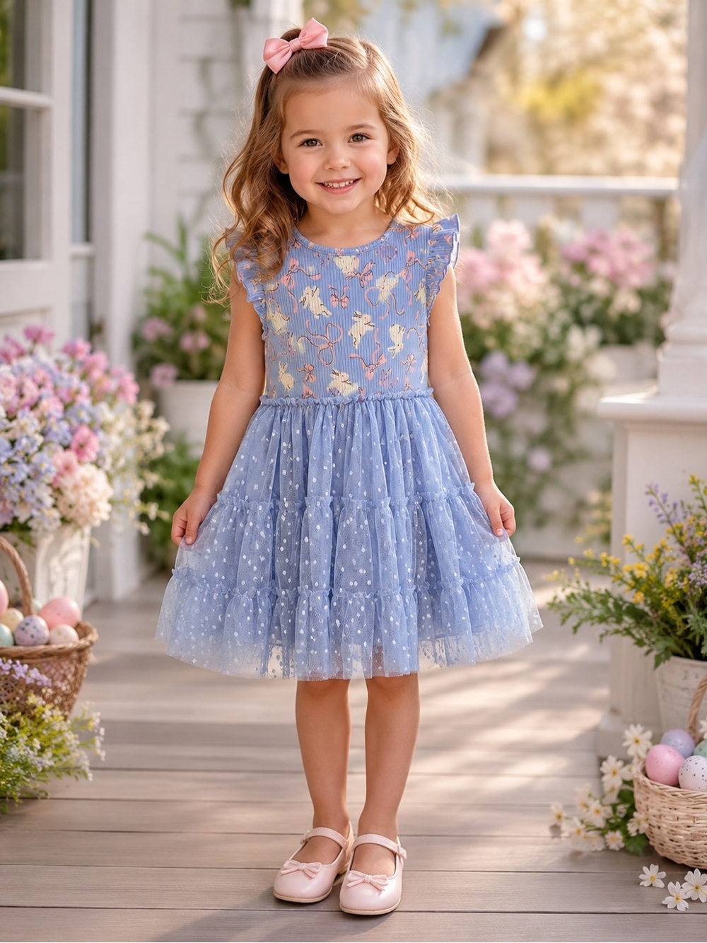 Celebrate Easter Girls 4T Blue Bunny Tulle Dress Pink Bow NWT